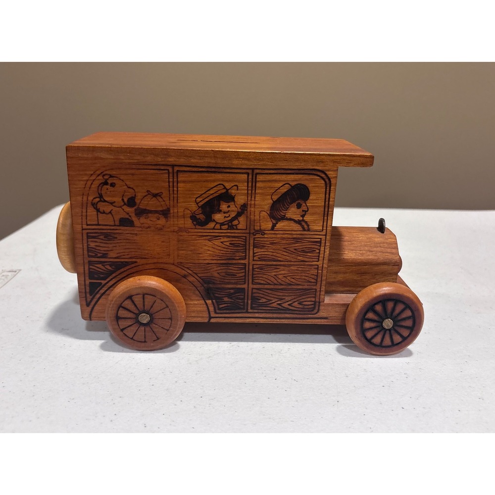Vintage Nostalgia Inc 1977 Wooden Trolley Car Coin Bank Rolling Wheels Brown - Picture 3 of 10